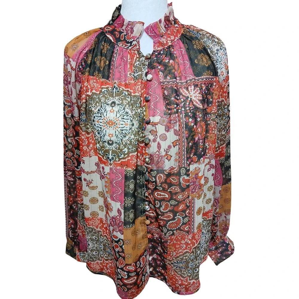 Entro Women PatchworkPaisley RuffleNeckLurex ButtonDown BlouseOrangeMediumOrange - Picture 4 of 10
